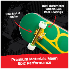 Dual durometer wheels with bearings enable smooth, controlled tricks.
