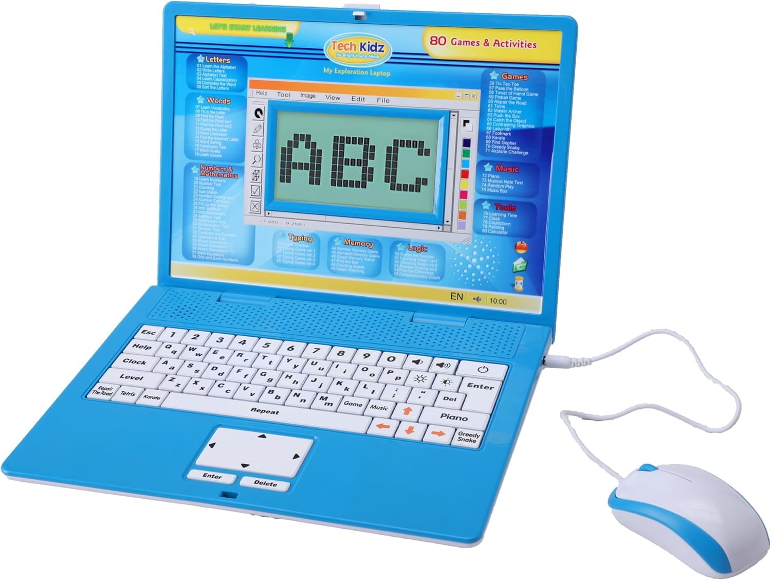 Tech Kidz Exploration Laptop screen shows colorful learning activities