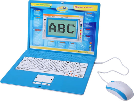 Tech Kidz Exploration Laptop screen shows colorful learning activities