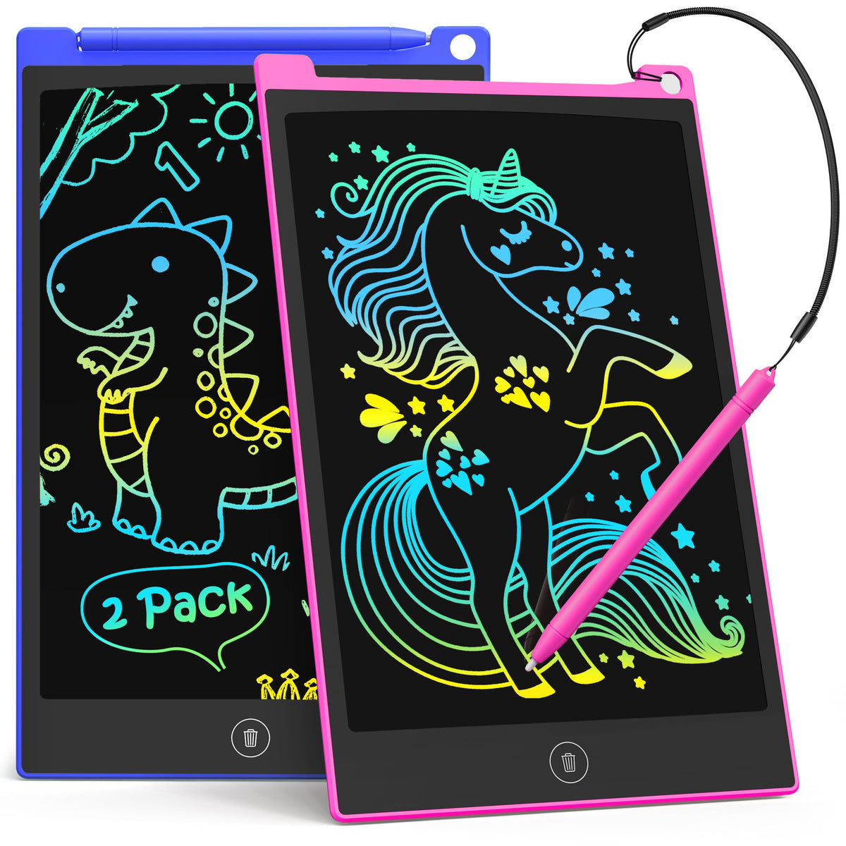 TECJOE 2-pack LCD writing tablet front view in blue and pink for kids.