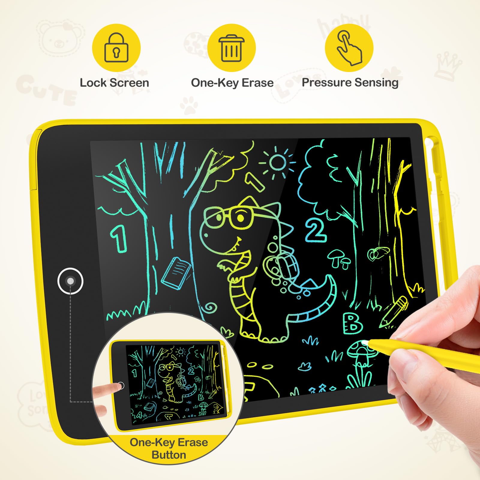 Close-up of the erase button on TECJOE LCD writing tablet, easy reset of drawings