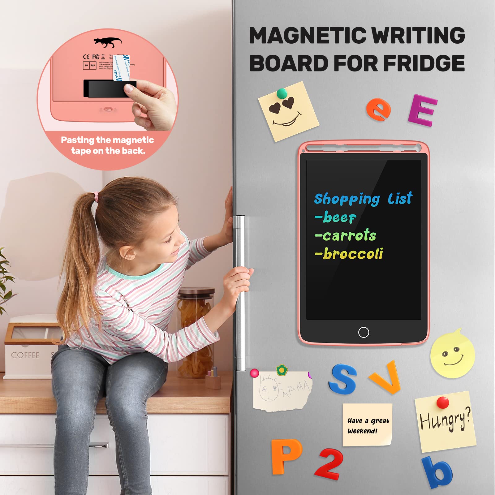 TECJOE pink LCD writing tablet for kids, compact and mess-free.