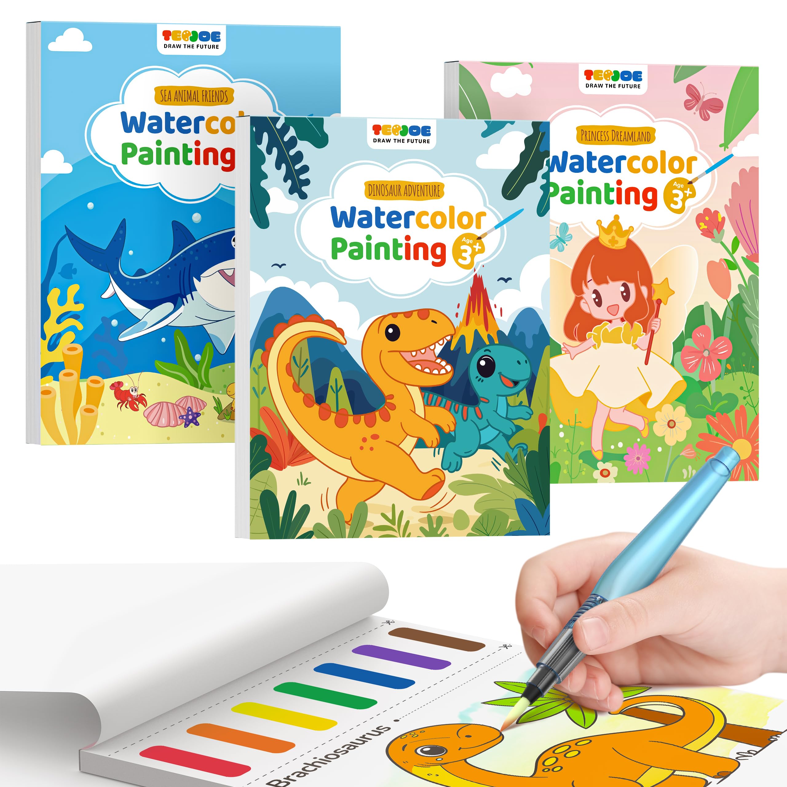 TECJOE 3-pack watercolor books featuring princess, dinosaur, sea themes for imaginative play.