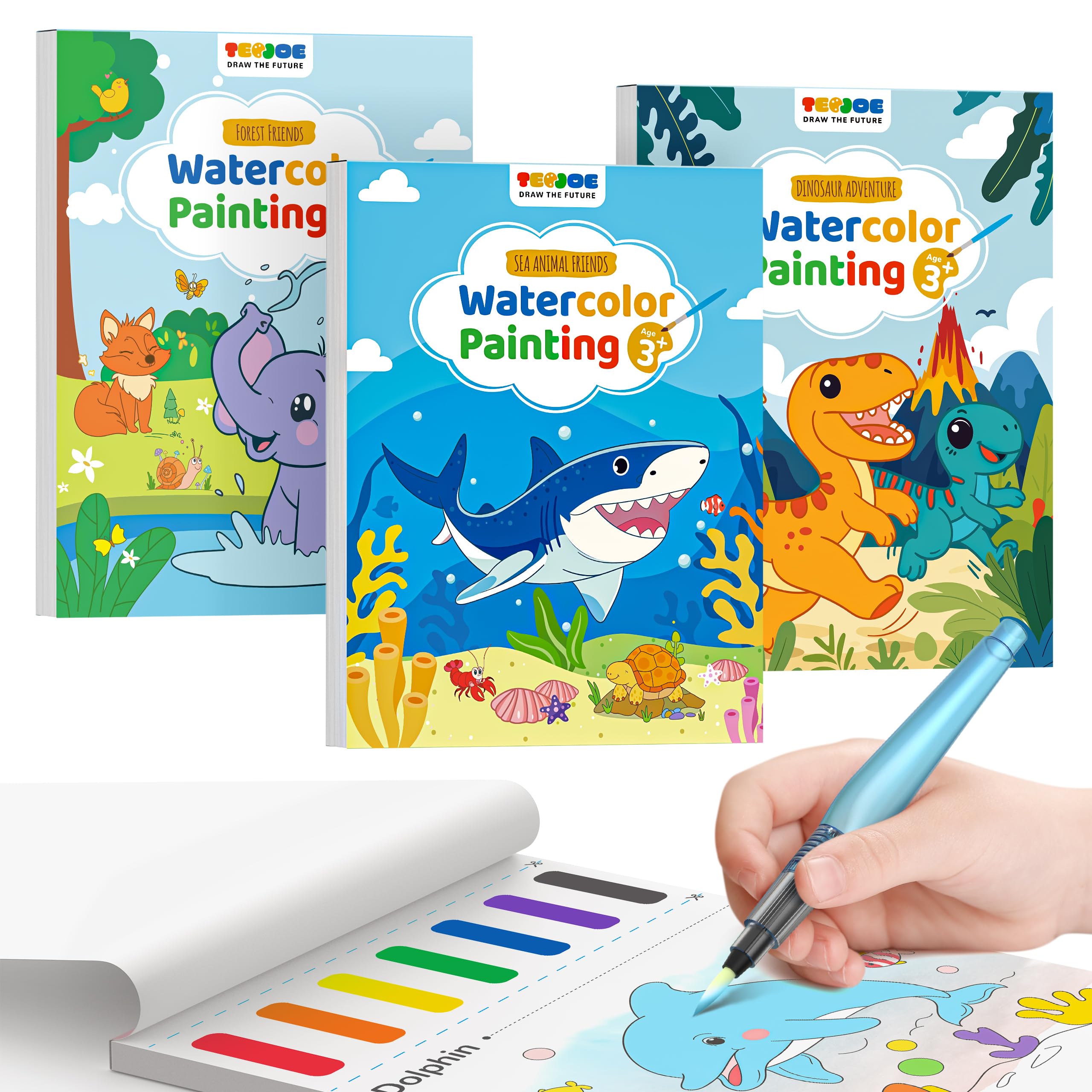 TECJOE 3 Pack Watercolor Books with dinosaurs for imaginative coloring and calm creative play