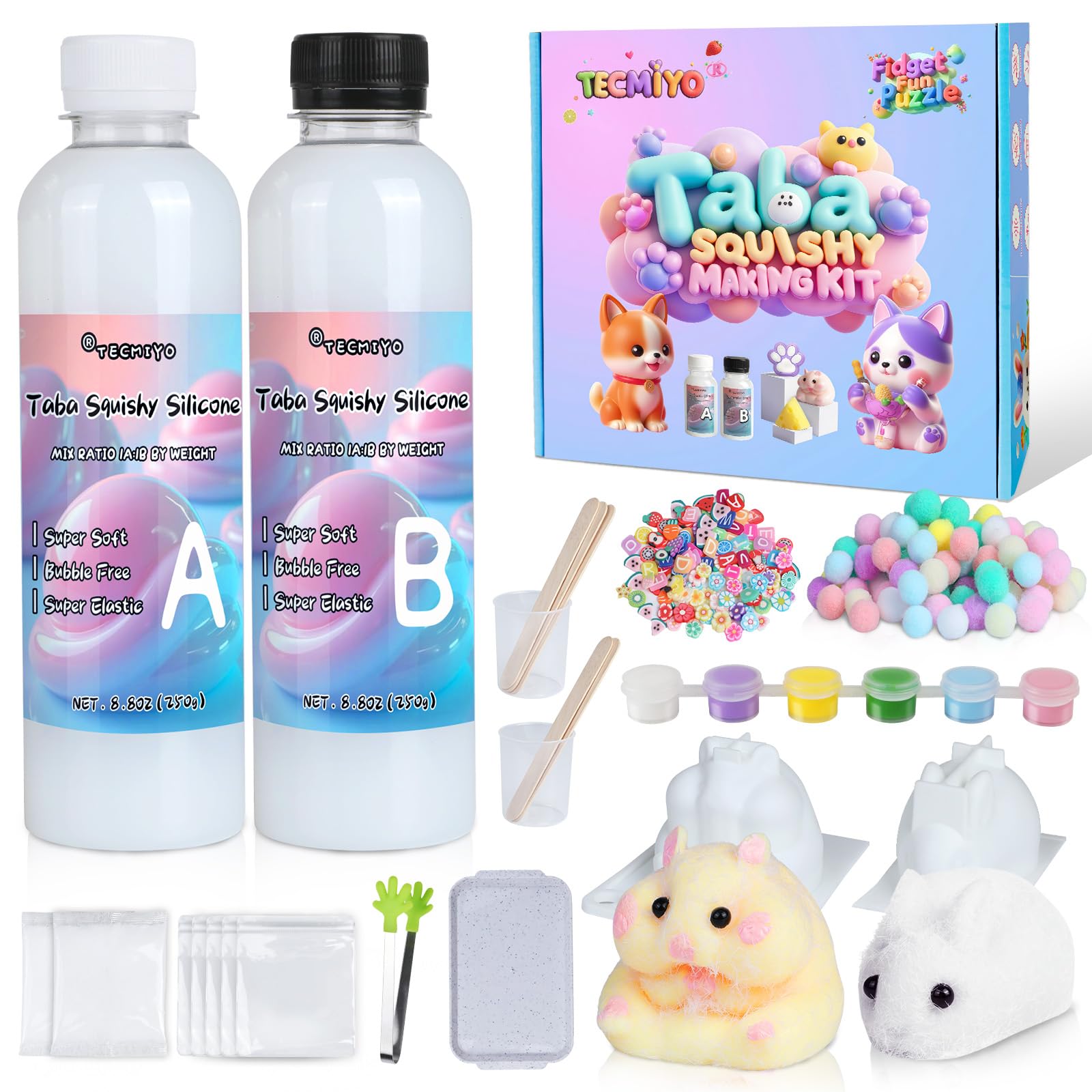 TECMIYO Taba Squishy Kit mixing bowl demonstrates 1:1 silicone ratio for beginners.