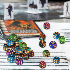 TecUnite dice on table during a lively game night