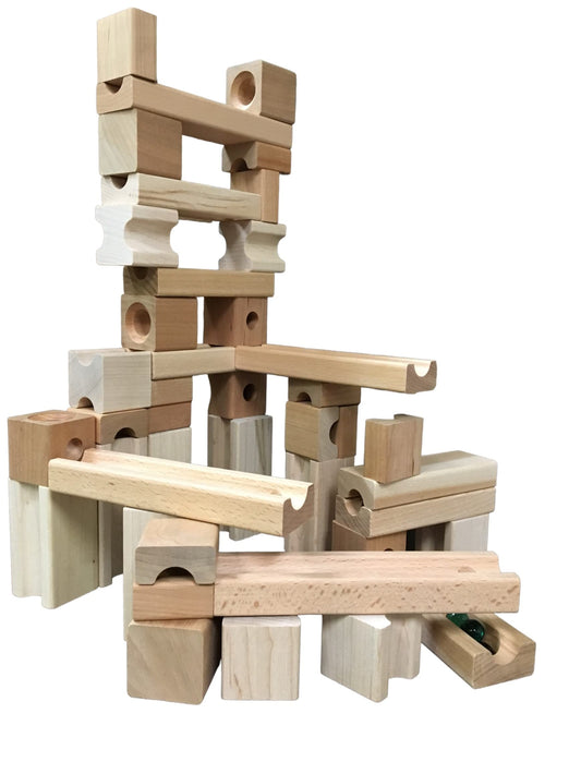 TEDCO Blocks and Marble Run set displays hardwood pieces for open ended exploration
