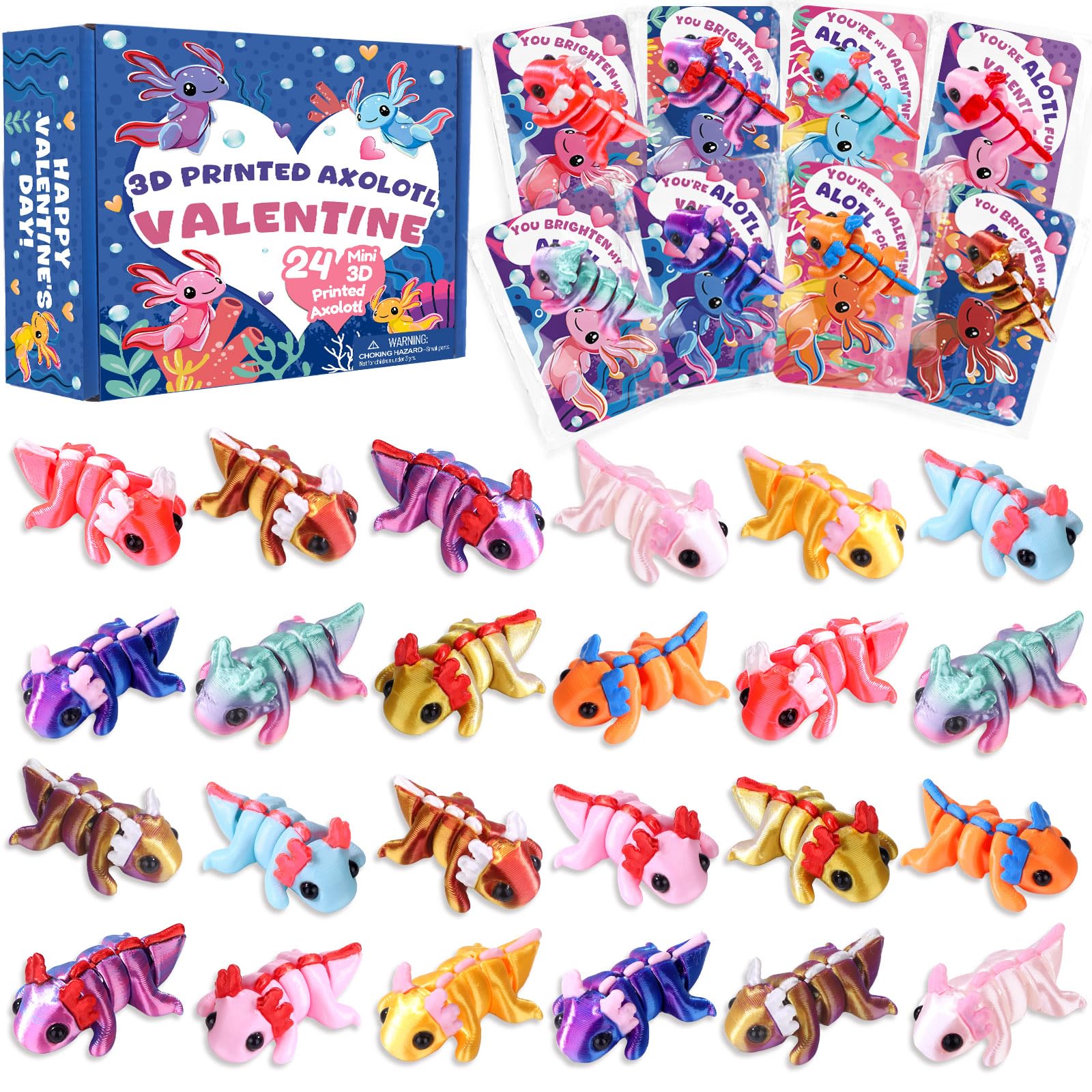 Teeanzo axolotl figurines 24-pack for classroom exchanges and gifts.