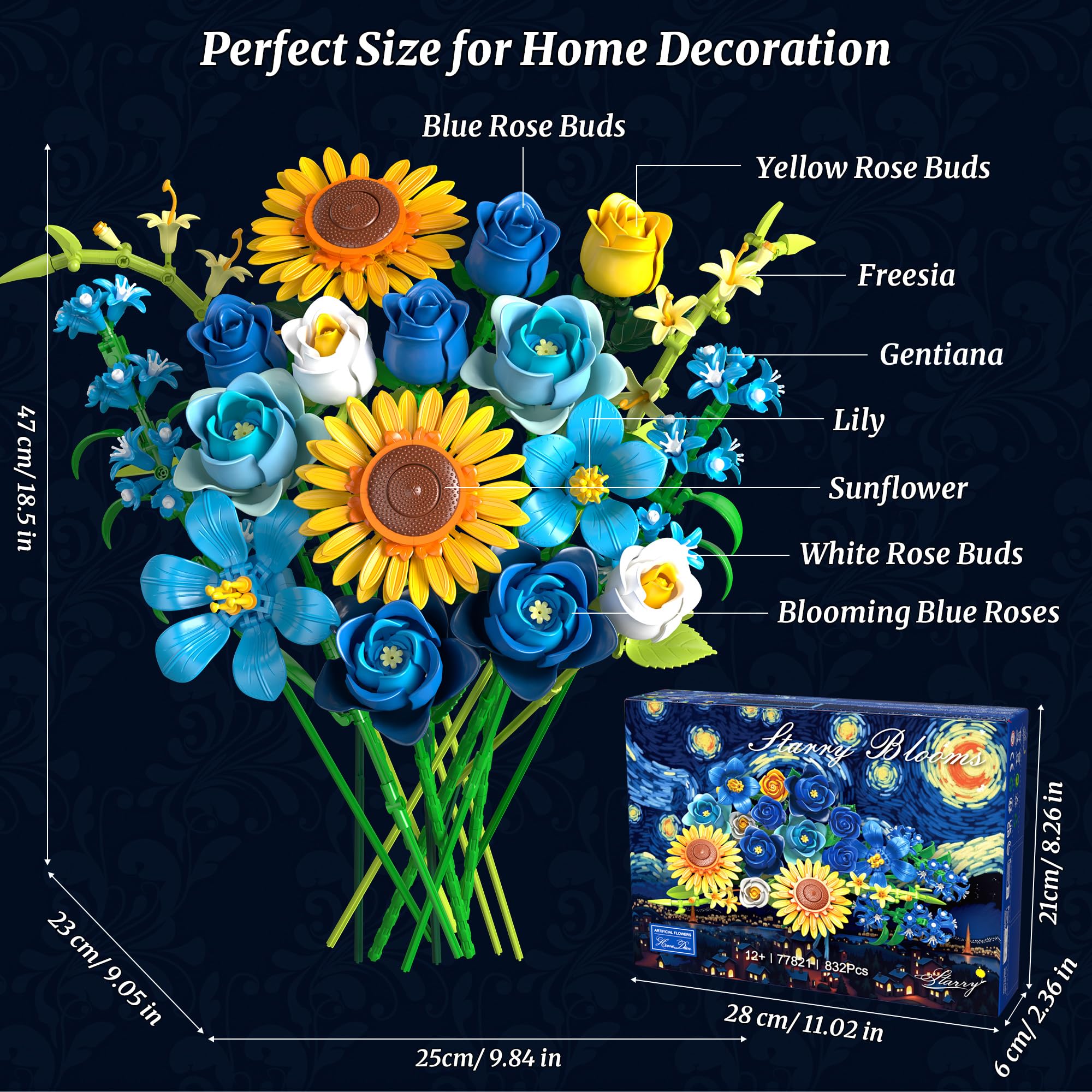 Teefrye dark blue rose and sunflowers create a striking home decor focal point.