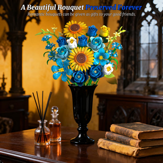 Teefrye Gothic blue rose and sunflowers art piece enhances room ambience.
