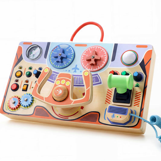Teekdeer Montessori busy board with airplane steering wheel for tactile exploration.