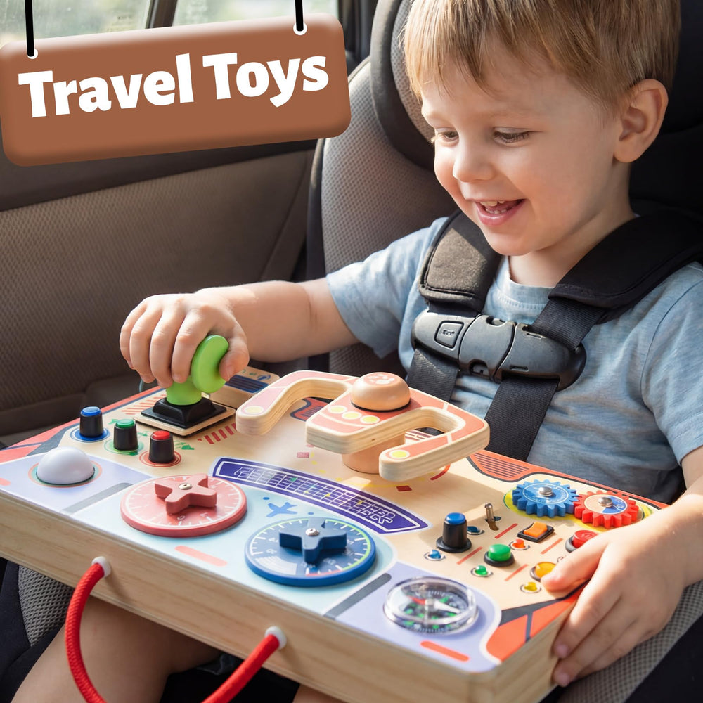 Teekdeer busy board takeoff lever design encourages cause-and-effect play.