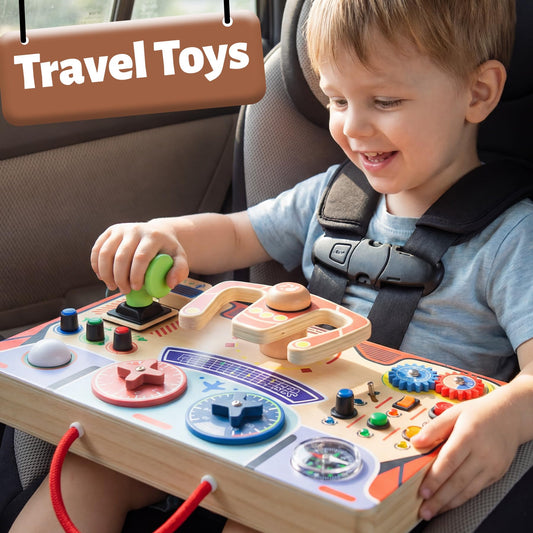 Teekdeer busy board takeoff lever design encourages cause-and-effect play.