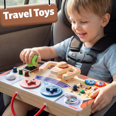 Teekdeer busy board takeoff lever design encourages cause-and-effect play.