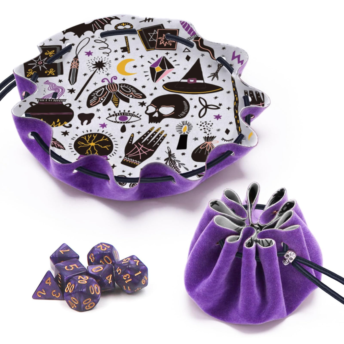 Teeloray DND dice bag rolling tray in purple velvet for secure dice rolls