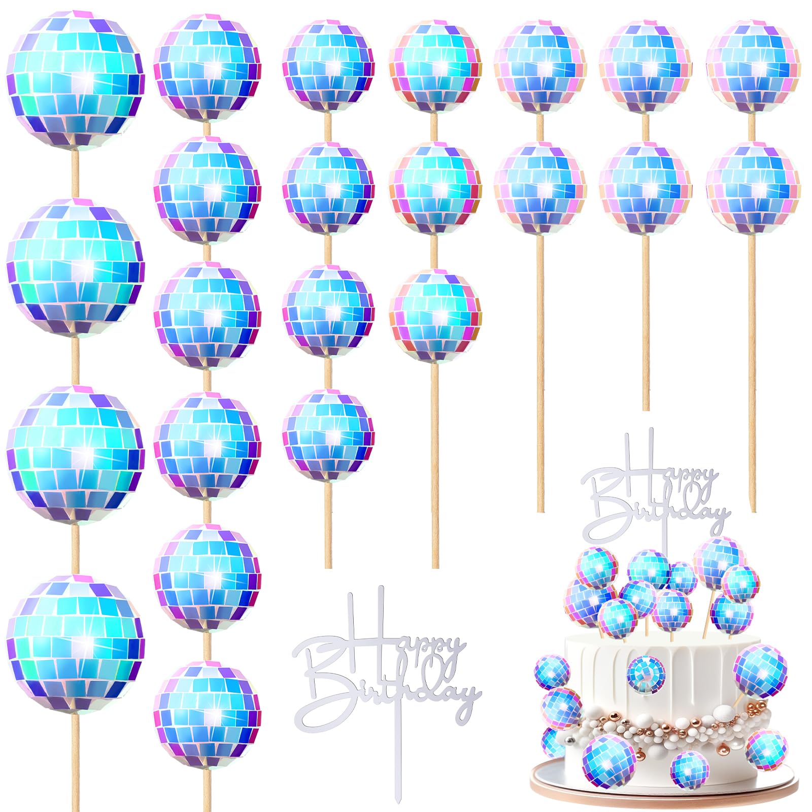 Teenyyou 24pcs disco ball cupcake toppers iridescent for festive dessert displays