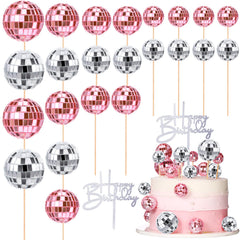 Teenyyou disco ball cake toppers in pink-silver reflect light for a retro party vibe.