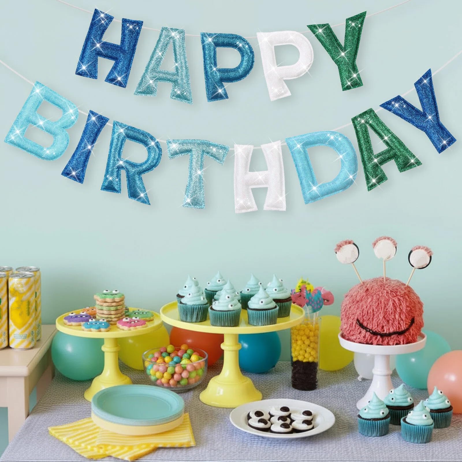 Tegeme colorful party decor brightens mantel or wall display.