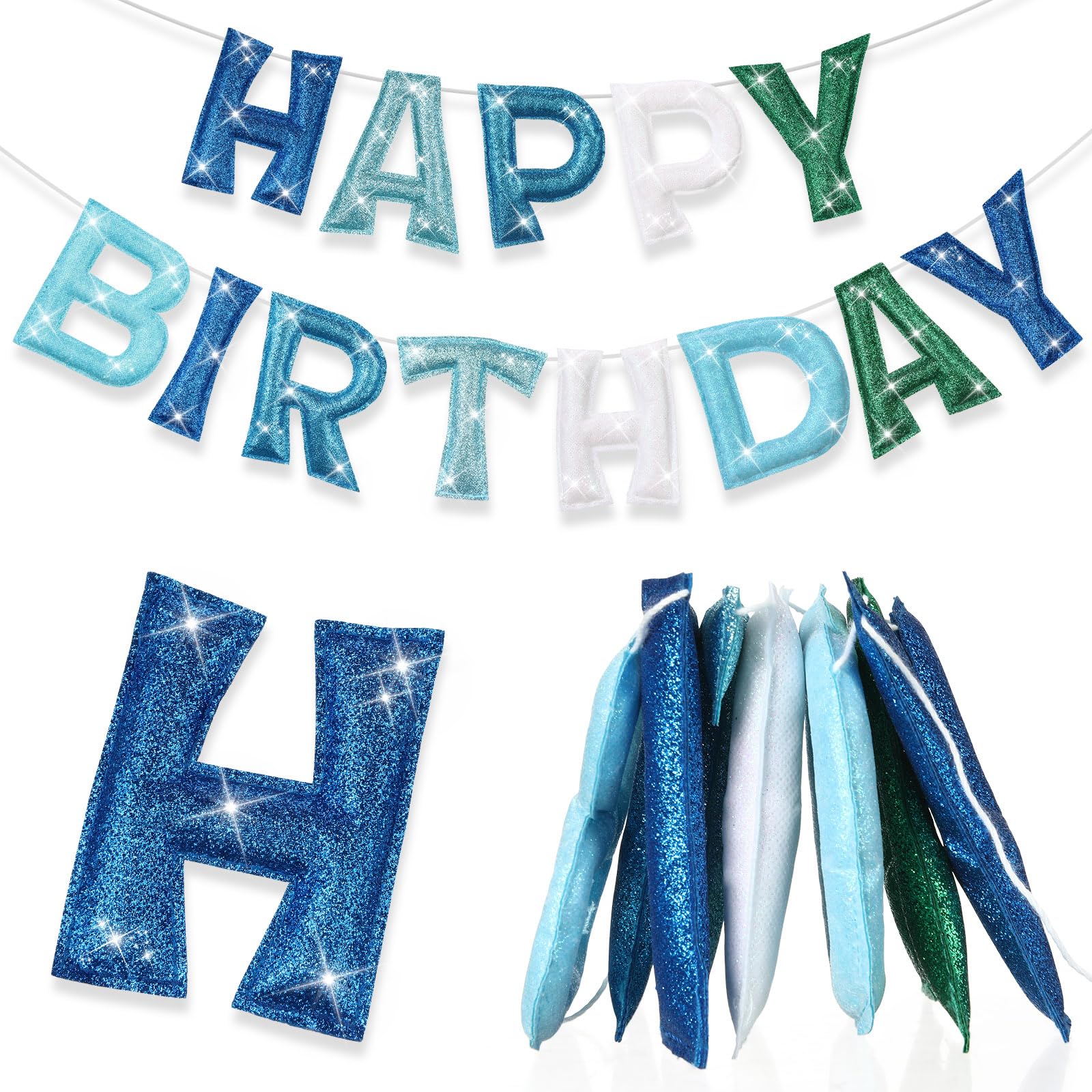 Tegeme felt happy birthday banner in teal glitter for reusable party backdrop.