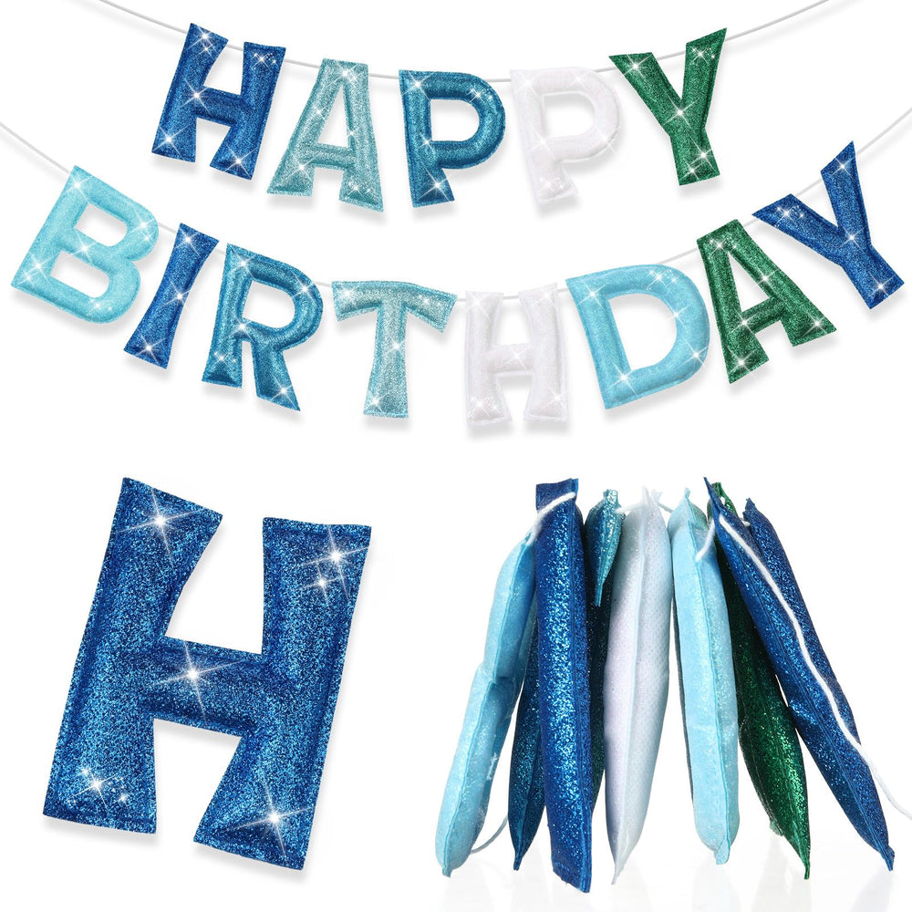 Tegeme felt happy birthday banner in teal glitter for reusable party backdrop.