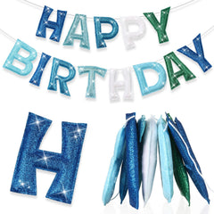 Tegeme felt happy birthday banner in teal glitter for reusable party backdrop.