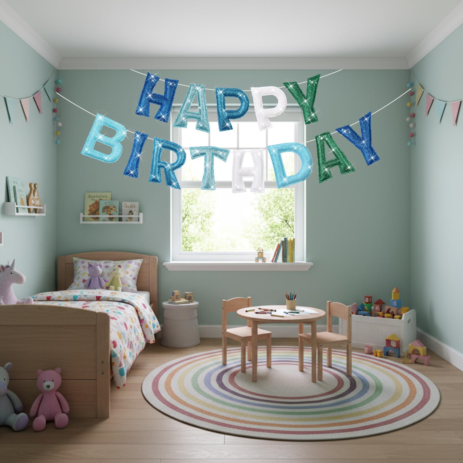 Tegeme reusable banner made from felt and glitter cloth.