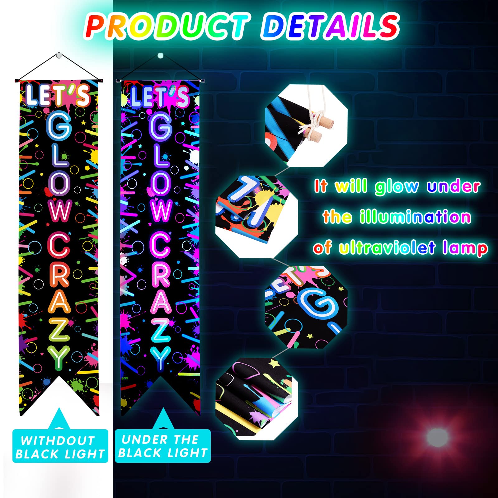 Tegeme lets glow crazy banner hangs easily with poles and rope for quick party setup