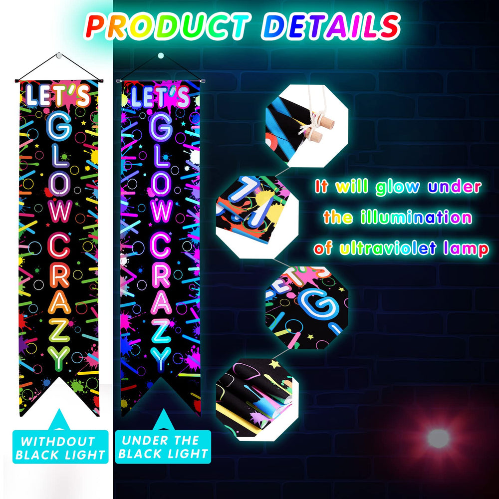 Tegeme lets glow crazy banner hangs easily with poles and rope for quick party setup