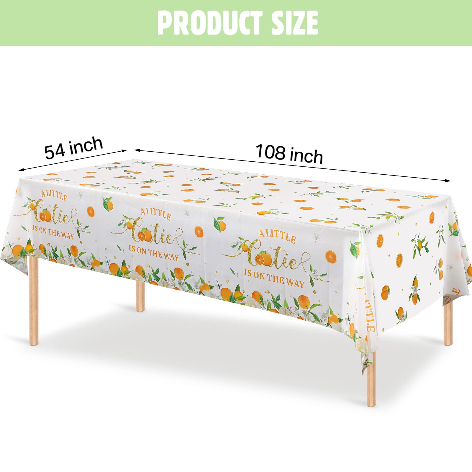Tegeme Little Cutie tablecloth showing the on the way text in citrus theme