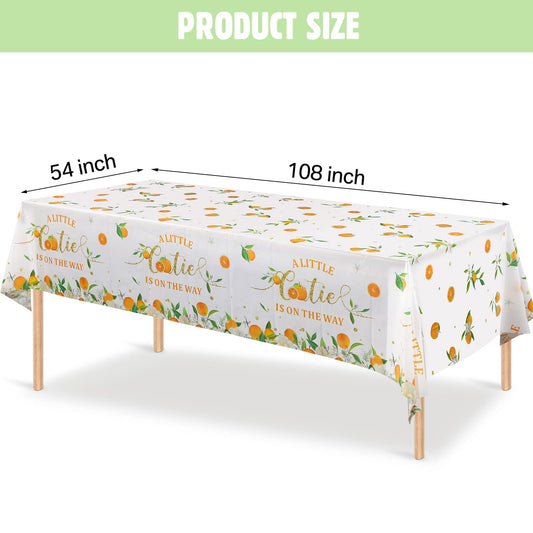 Tegeme Little Cutie tablecloth showing the on the way text in citrus theme