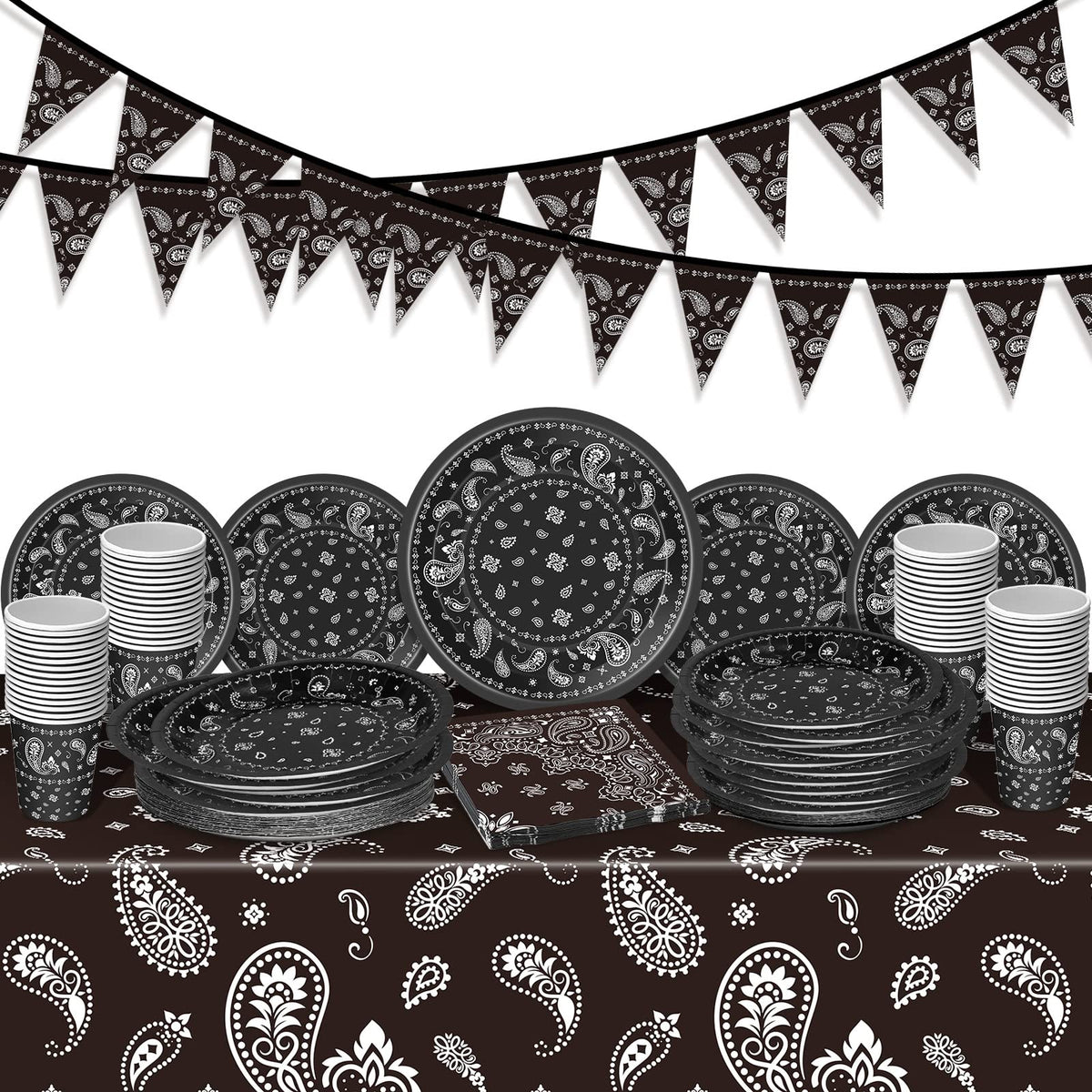 Tegeme paisley tablecloth enhances western party ambiance with bold print.