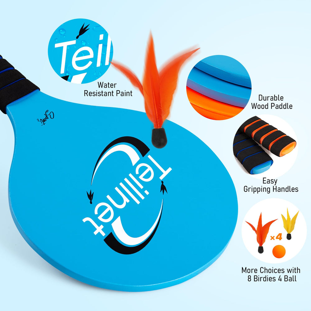 TEILLNET Paddle Ball Set contents including paddles, balls, and birdies laid out for family play