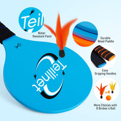 TEILLNET Paddle Ball Set contents including paddles, balls, and birdies laid out for family play