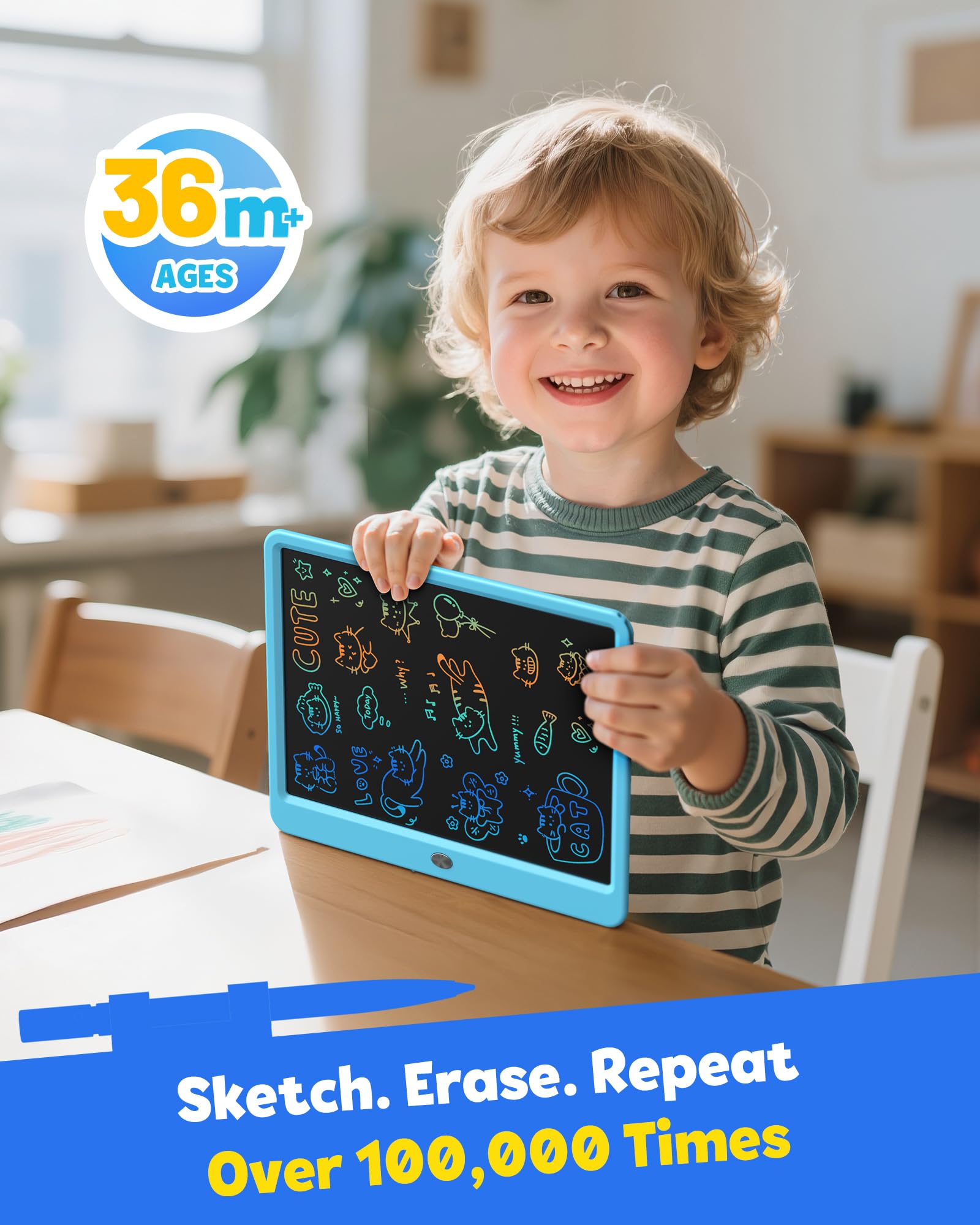 TEKFUN 12-inch LCD writing tablet blue doodle area supports easy sketching.