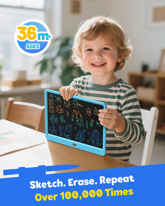 TEKFUN 12-inch LCD writing tablet blue doodle area supports easy sketching.