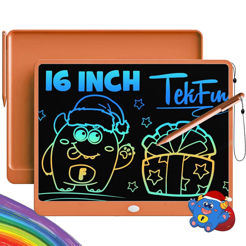 TEKFUN 16-inch LCD writing tablet with orange front view showcasing versatile drawing