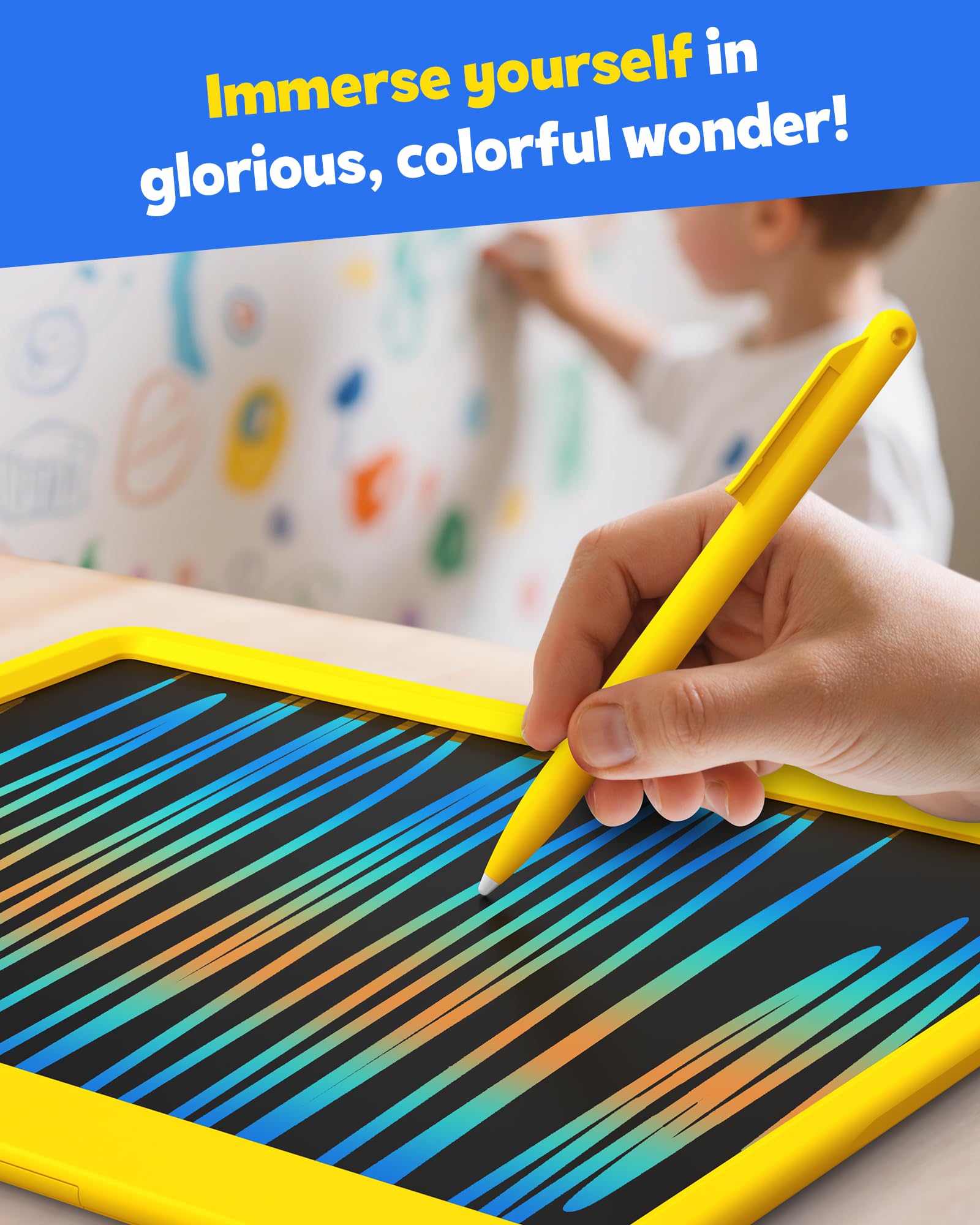TEKFUN doodle board with yellow frame design highlighting kid-friendly aesthetics.