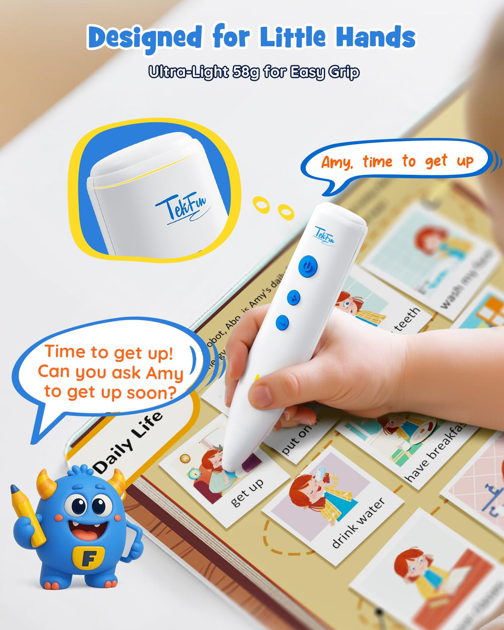 Child taps page as TEKFUN pen delivers lively voice and effects