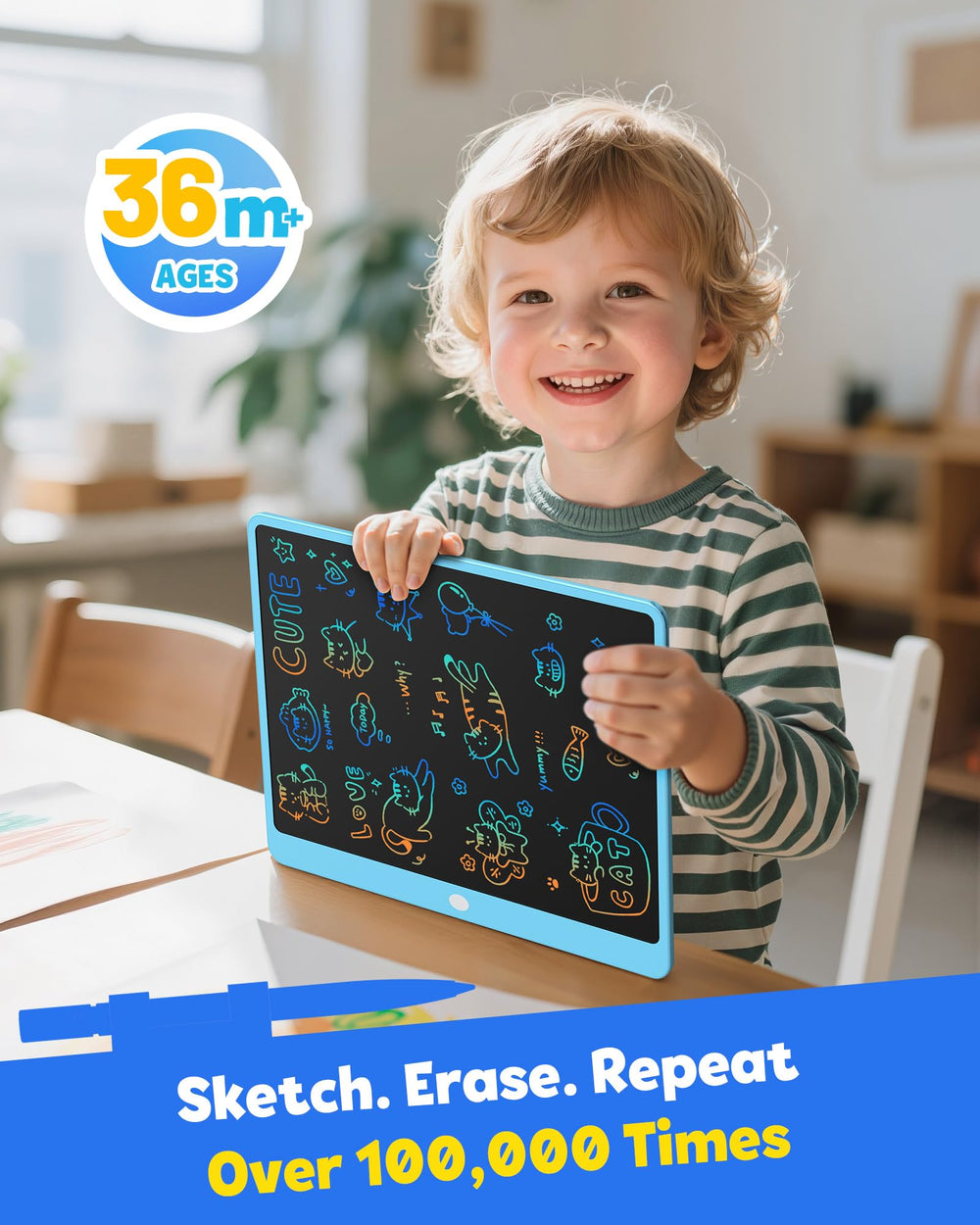 TEKFUN blue doodle pad showing tethered pen for easy access.