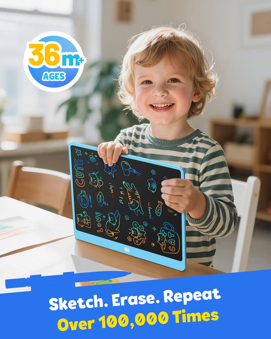 TEKFUN blue doodle pad showing tethered pen for easy access.