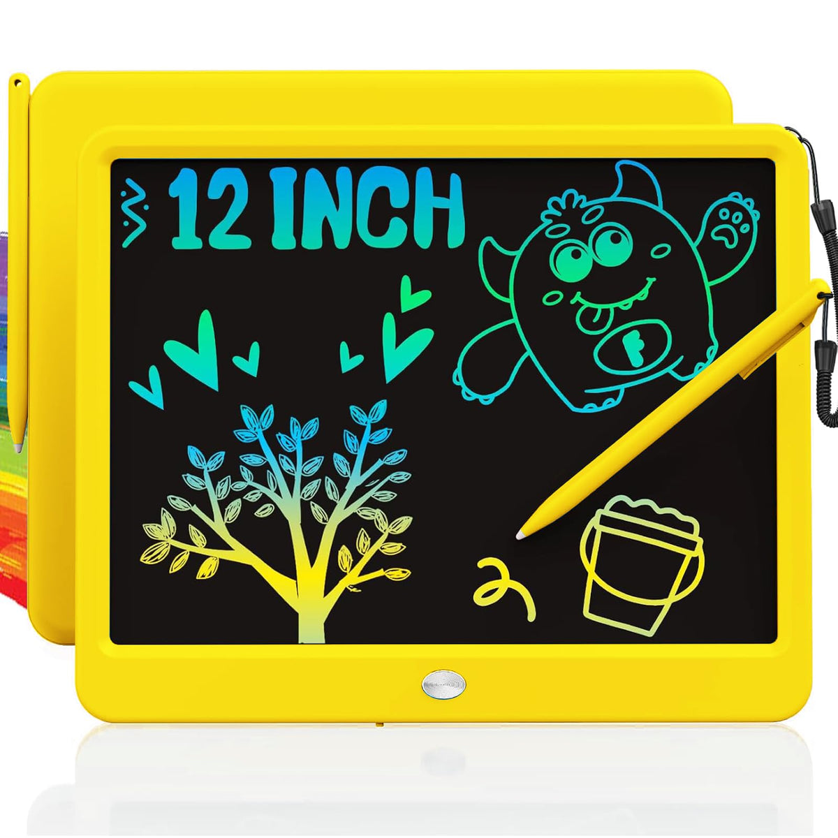 TEKFUN 12-inch LCD Writing Tablet front view with vibrant yellow frame for creative doodling on the go.