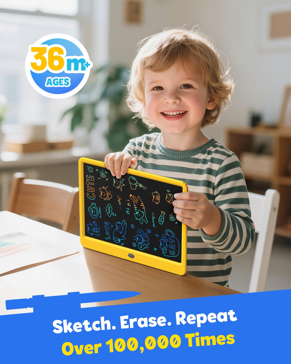 TEKFUN LCD Writing Tablet with stylus attached for mess-free drawing during travel.