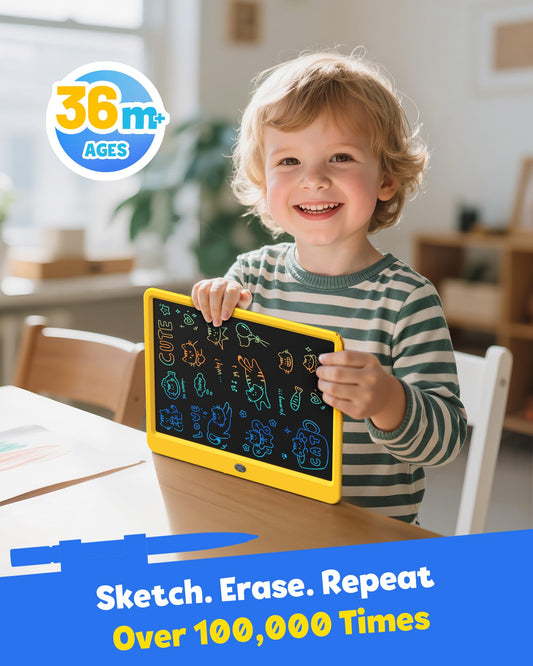 TEKFUN LCD Writing Tablet with stylus attached for mess-free drawing during travel.