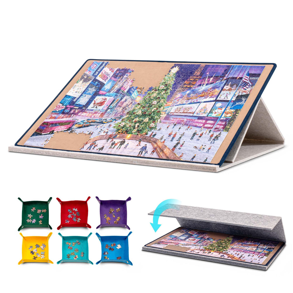Tektalk Jigsaw Board with cover and stand keeps puzzles organized and dust-free.