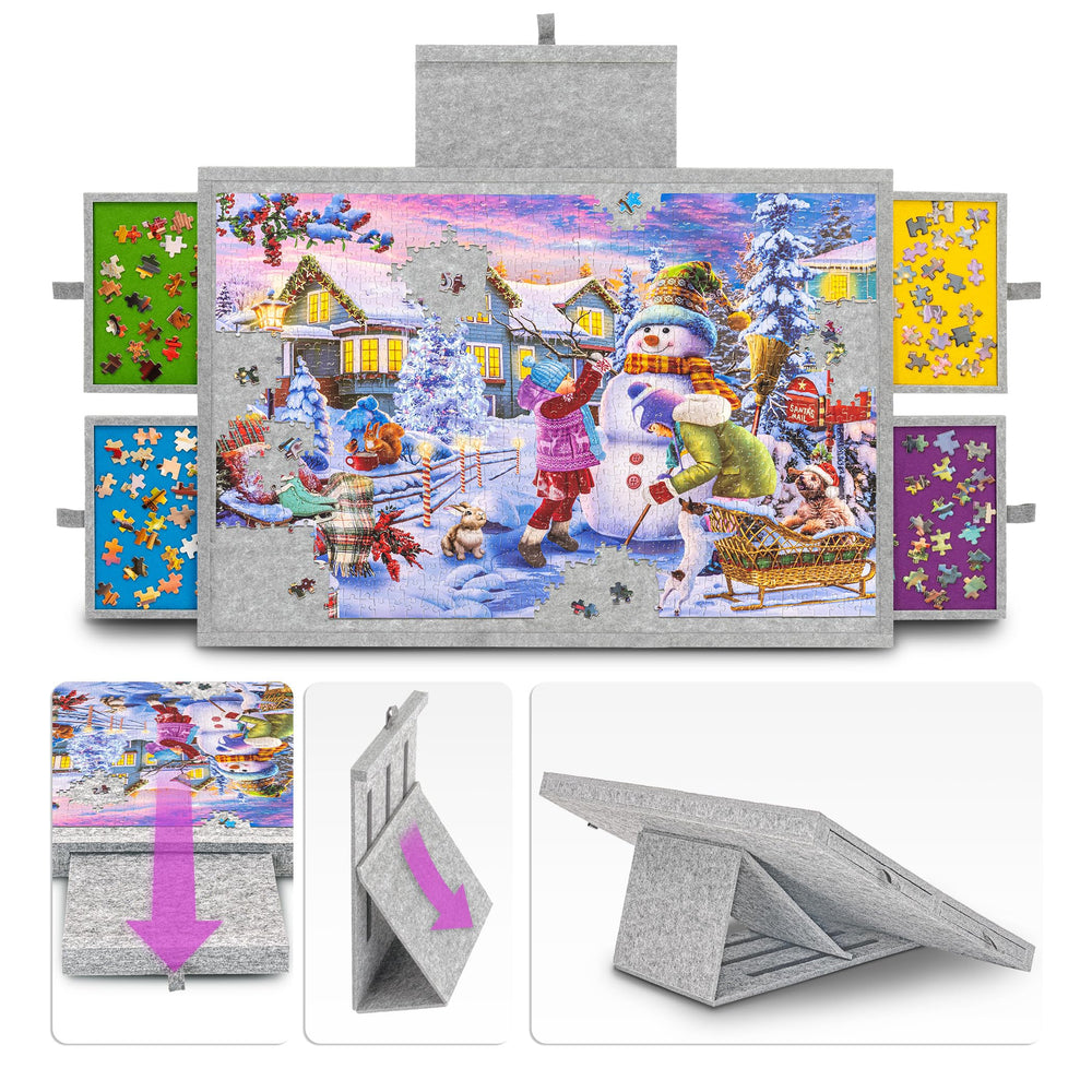 Tektalk jigsaw table with adjustable stand stabilizes 1000-piece puzzles.