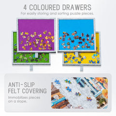 Tektalk jigsaw table with four colored drawers for sorting pieces and preventing losses