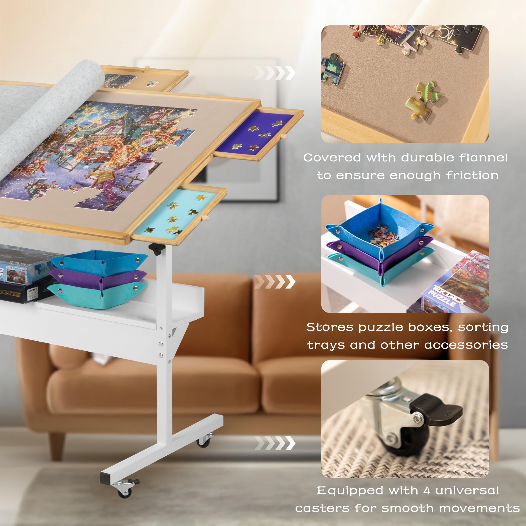 Tektalk Jigsaw table four universal wheels enable easy movement around the room.