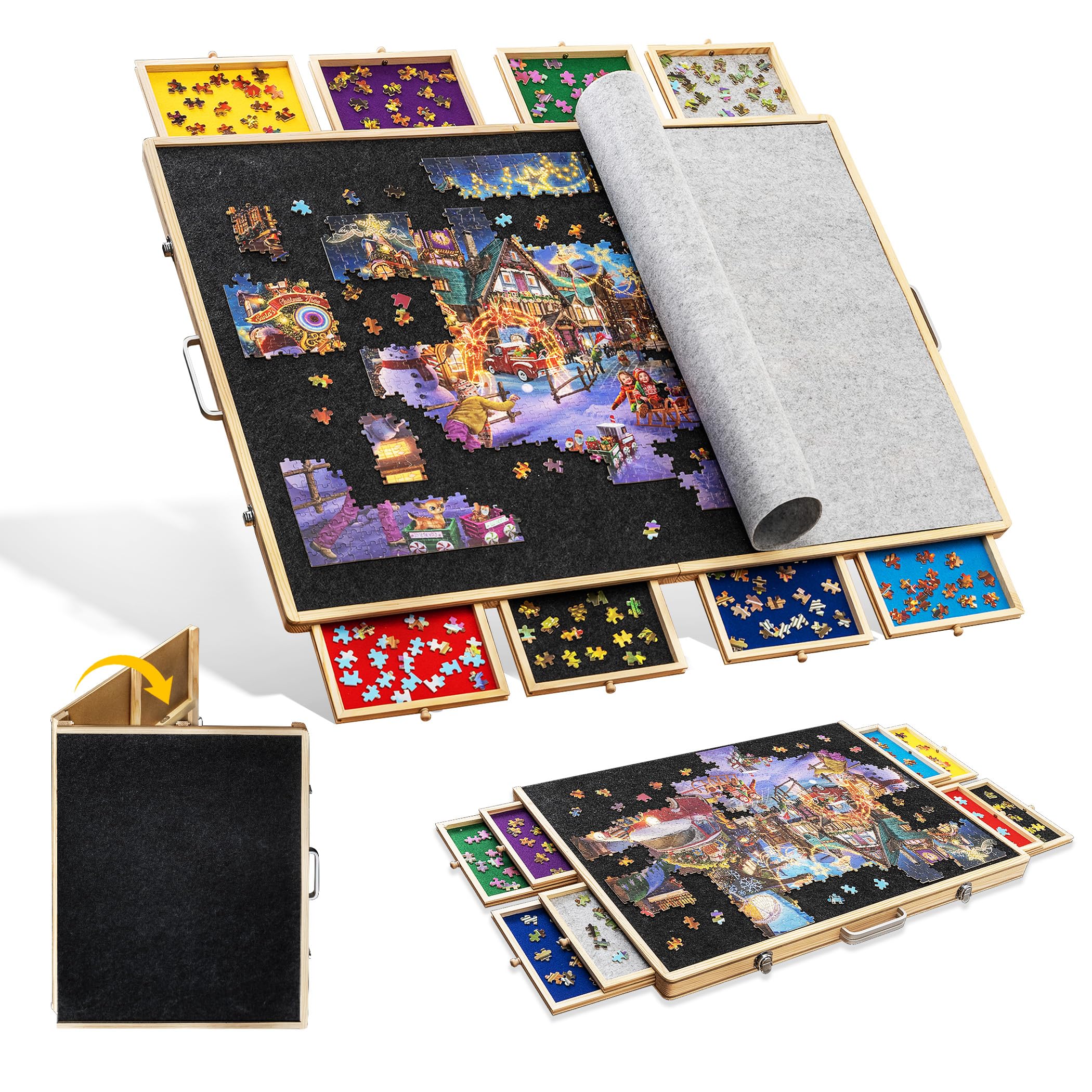 Tektalk puzzle board foldable with eight trays keeps pieces organized during play.