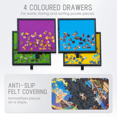 Four colored drawers organize and store puzzle pieces