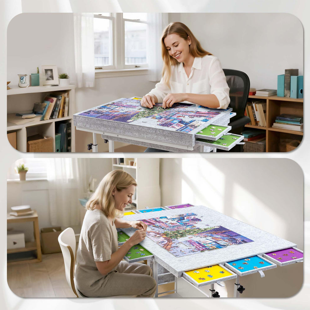 Tektalk puzzle table protects your workspace from dust and curious pets with covers.